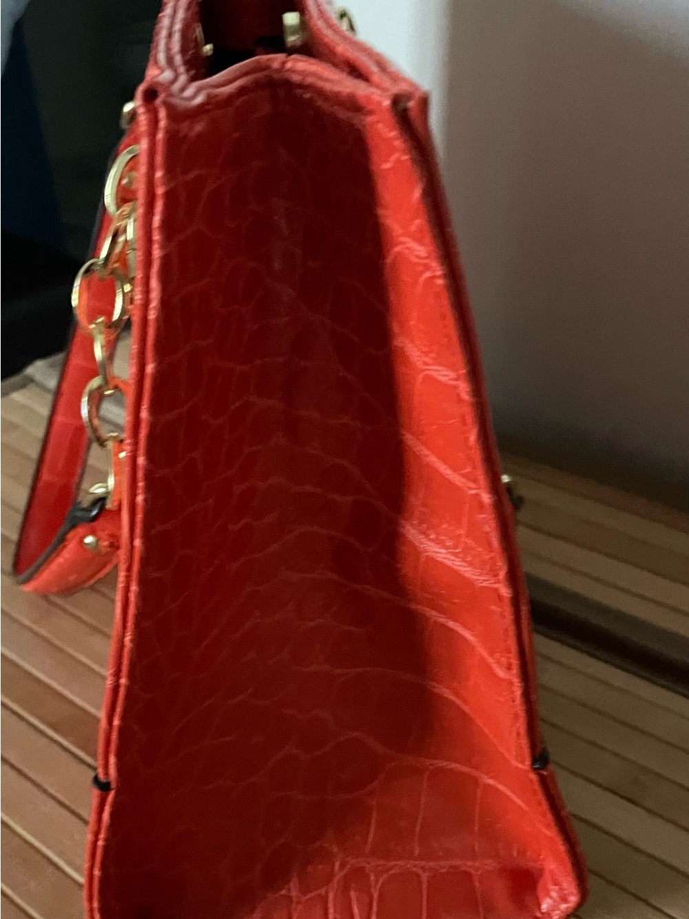 Anne Klein Reddish Orange/Coral Croc-Embossed Shoulder Tote with Gold Hardware - Picture 7 of 10
